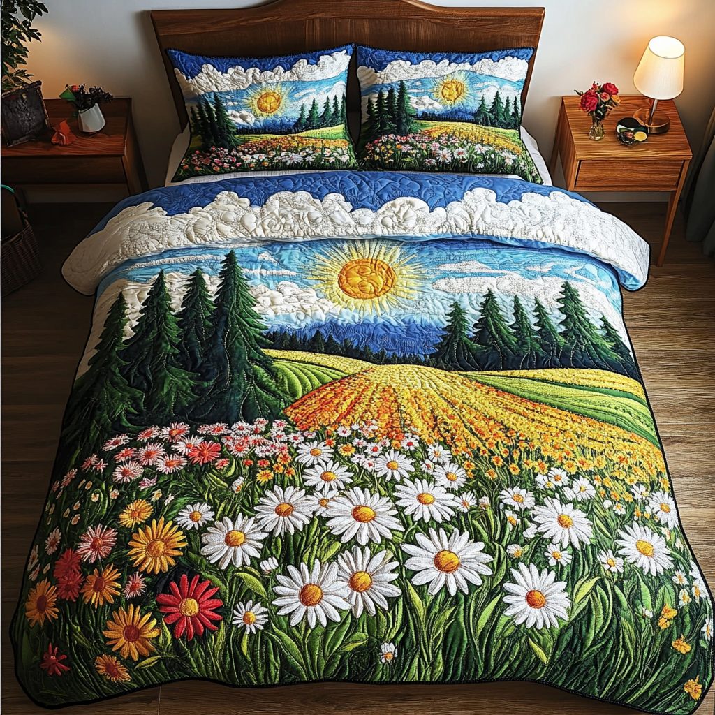 Blooming Horizon quilted 3-piece bedding set on a made bed with two matching pillow shams