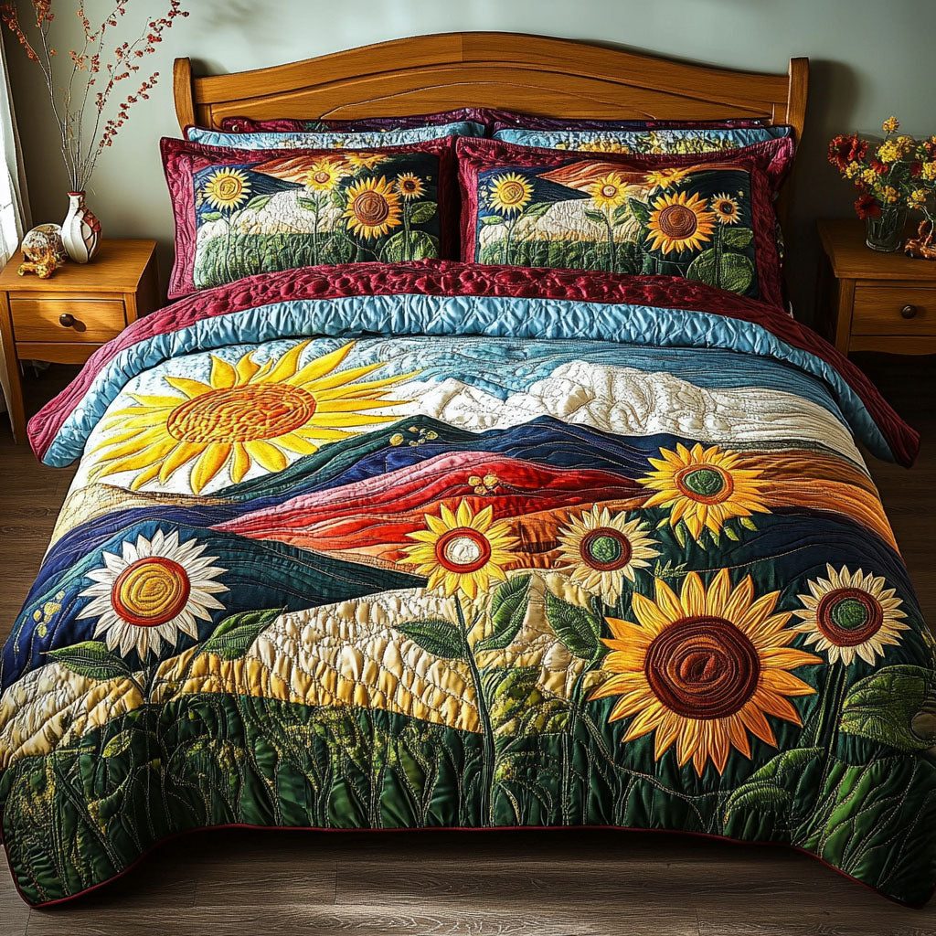 Blooming Joy quilted 3-piece bedding set on a made bed with two matching pillow shams