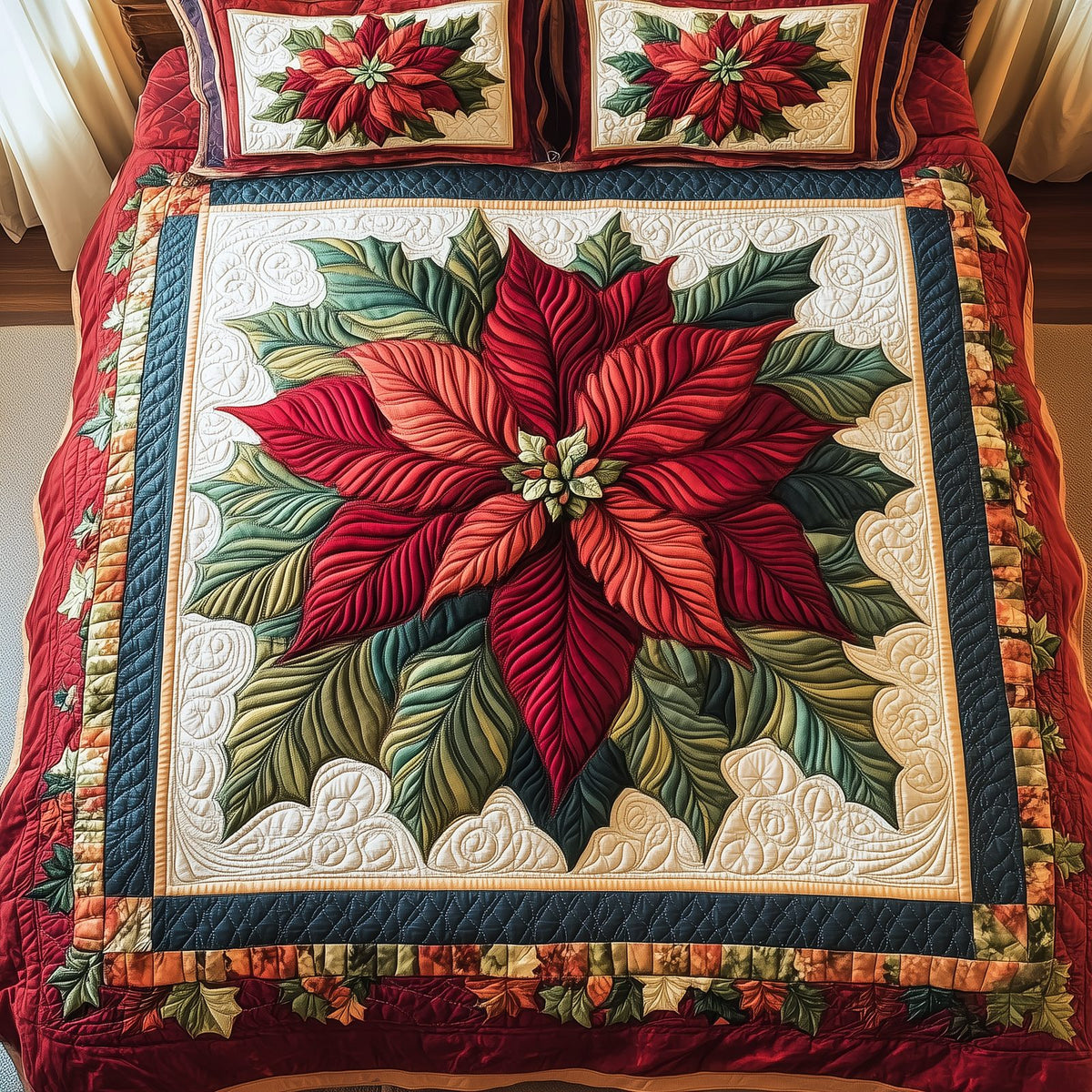 Blooming Noel quilted 3-piece bedding set on a made bed in a winter-styled bedroom