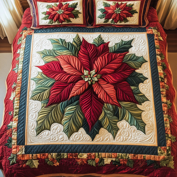Blooming Noel quilted 3-piece bedding set on a made bed in a winter-styled bedroom
