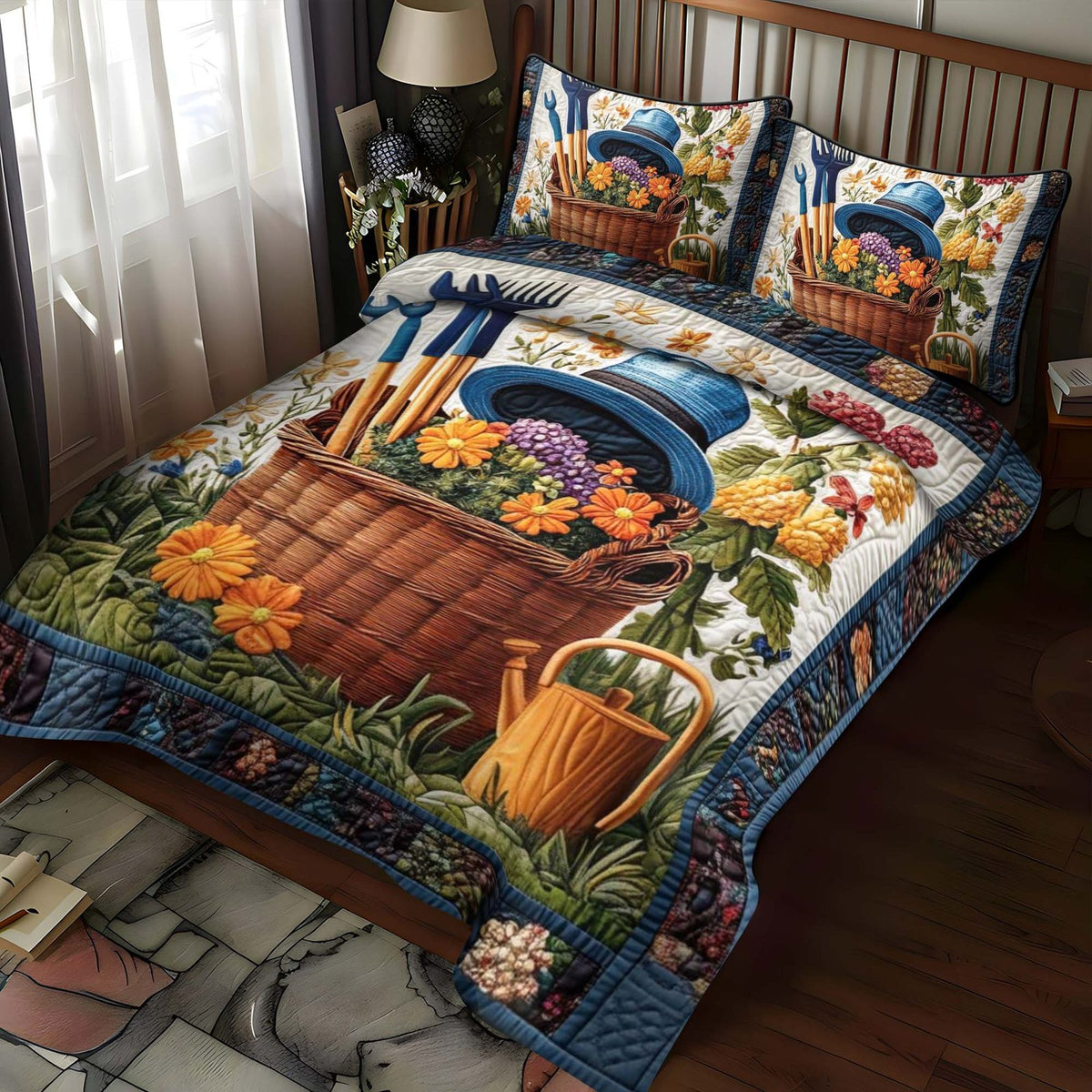 Blooming Pansies quilted 3-piece bedding set on a made bed with two matching pillow shams