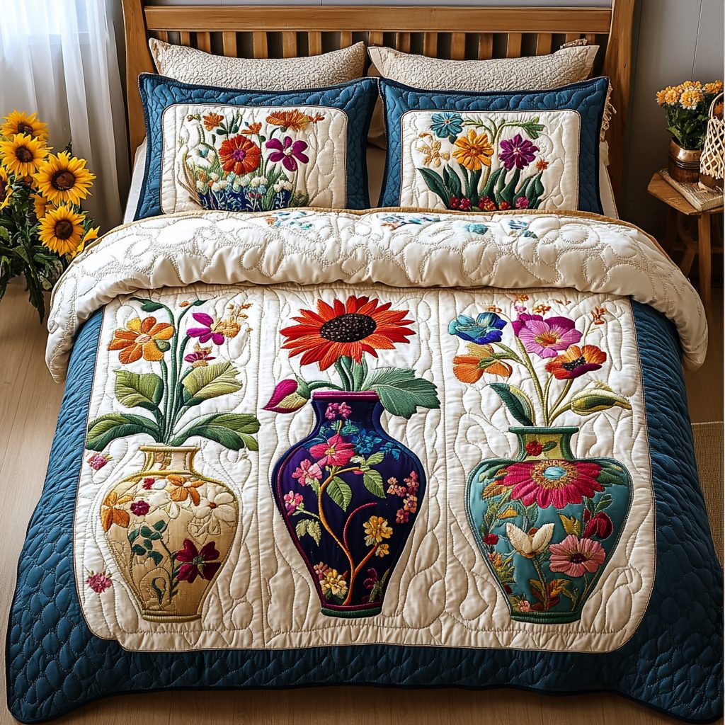 Blooming Paradise quilted 3-piece bedding set on a made bed with two matching pillow shams