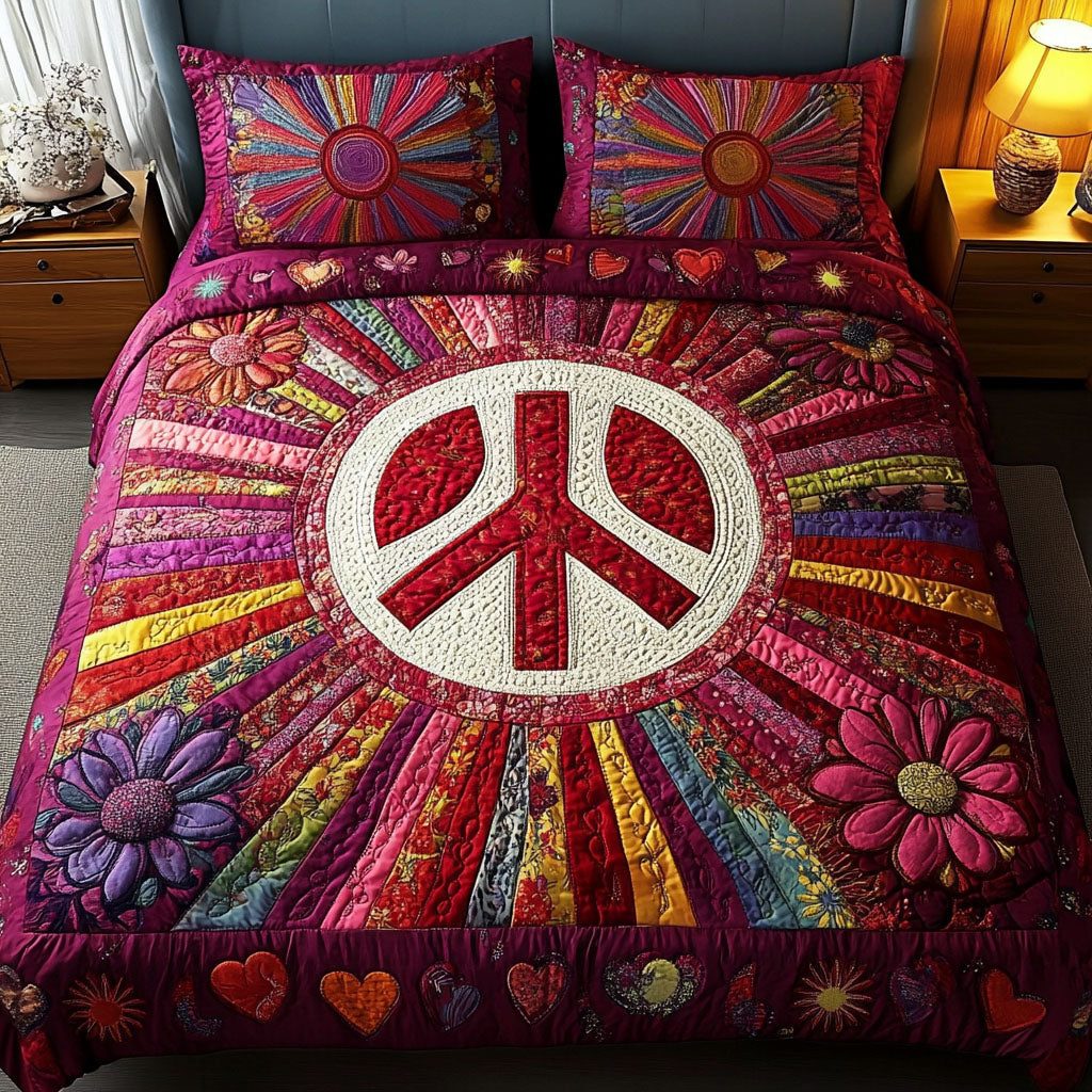 Blooming Peace quilted 3-piece bedding set on a made bed with two matching pillow shams