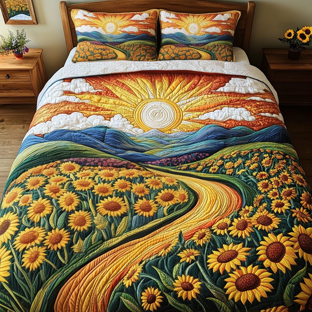 Blooming Rays quilted 3-piece bedding set on a made bed with two matching pillow shams