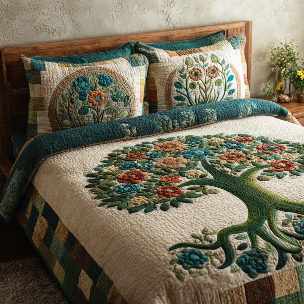 Blooming Roots quilted 3-piece bedding set on a made bed with two matching pillow shams