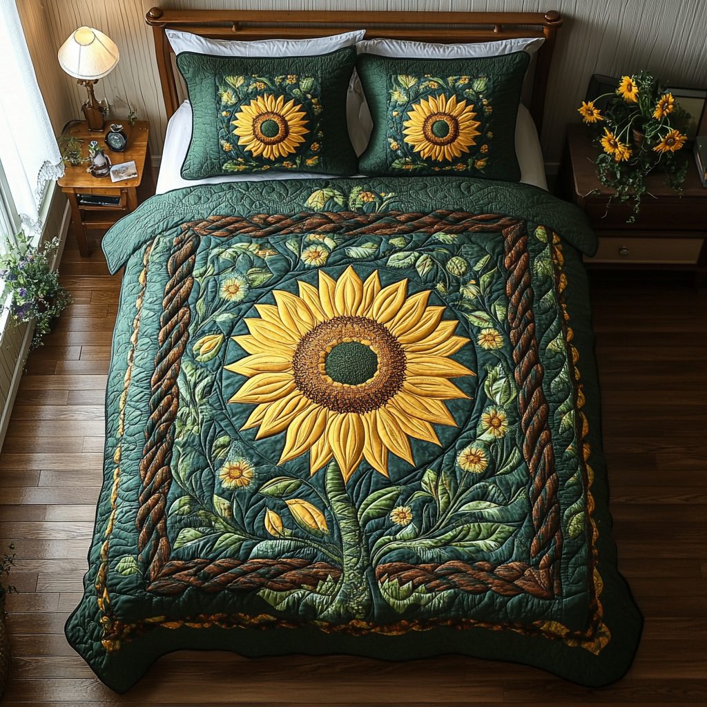 Blooming Sun quilted 3-piece bedding set on a made bed with two matching pillow shams