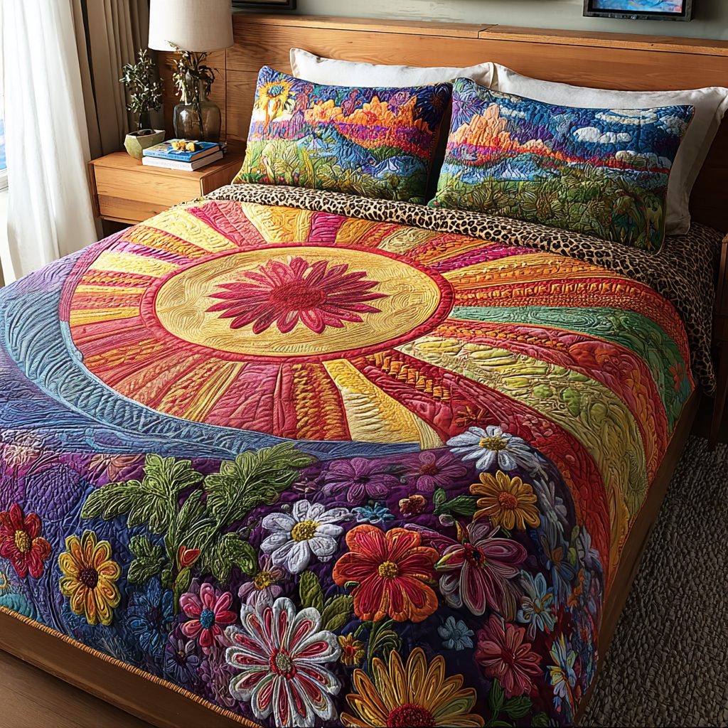 Blooming Sunshine quilted 3-piece bedding set on a made bed with two matching pillow shams