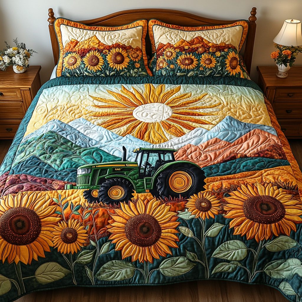 Blooming Tractor quilted 3-piece bedding set on a made bed with two matching pillow shams