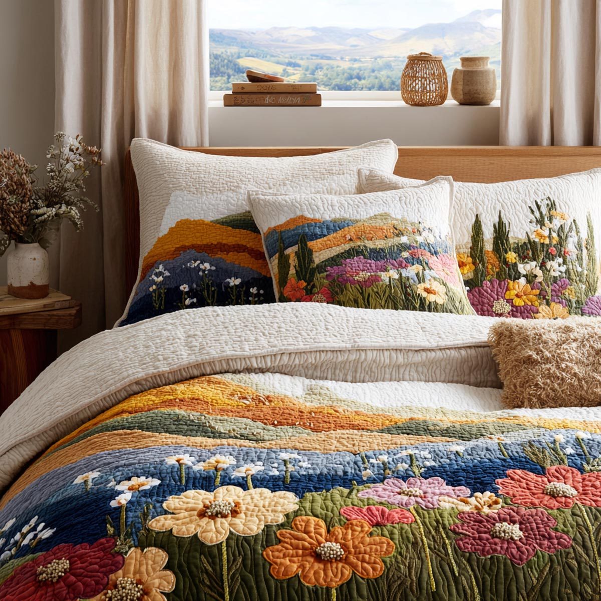 Blooming Valley quilted 3-piece bedding set on a made bed with two matching pillow shams