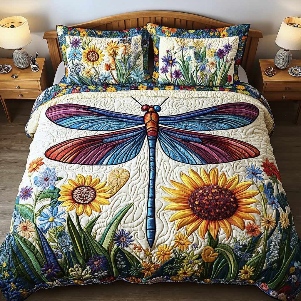 Blooming Wings quilted 3-piece bedding set on a made bed with two matching pillow shams