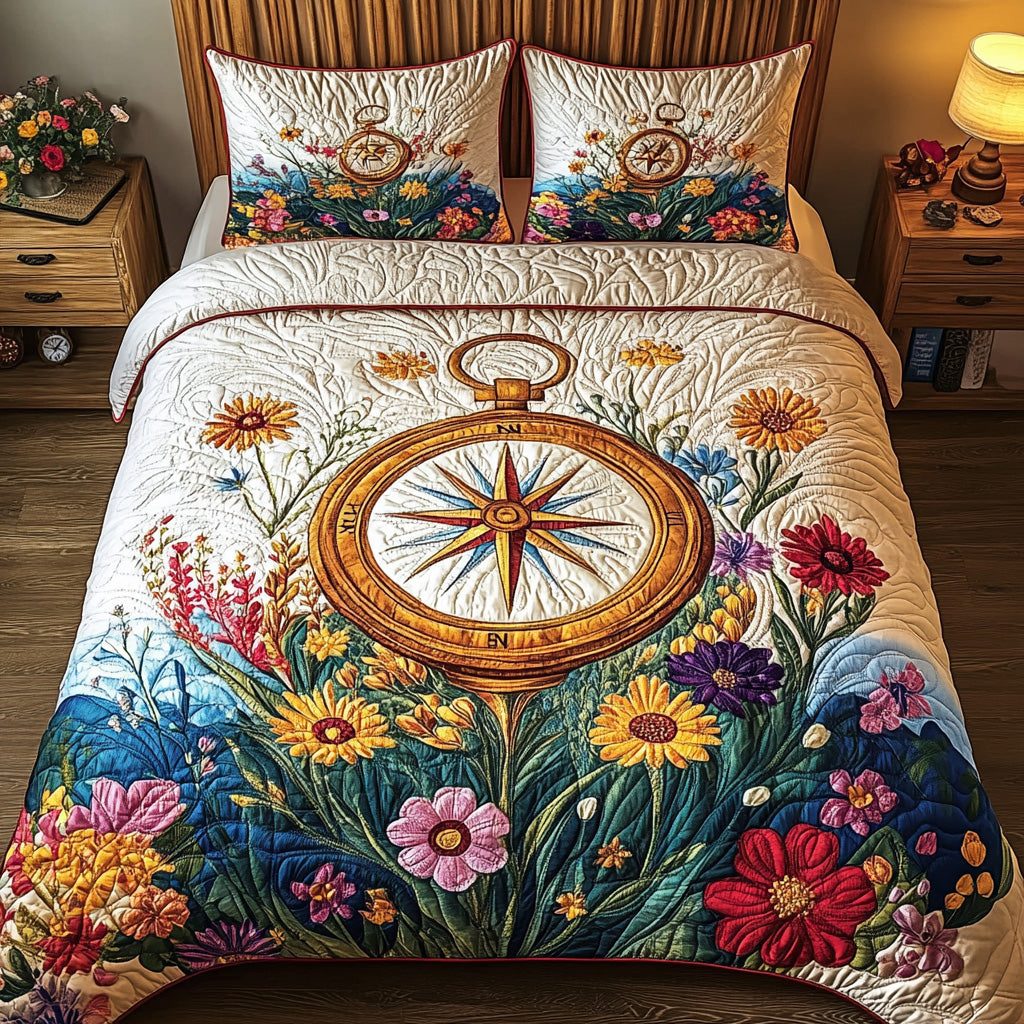 Bloomng Explore quilted 3-piece bedding set on a made bed with two matching pillow shams