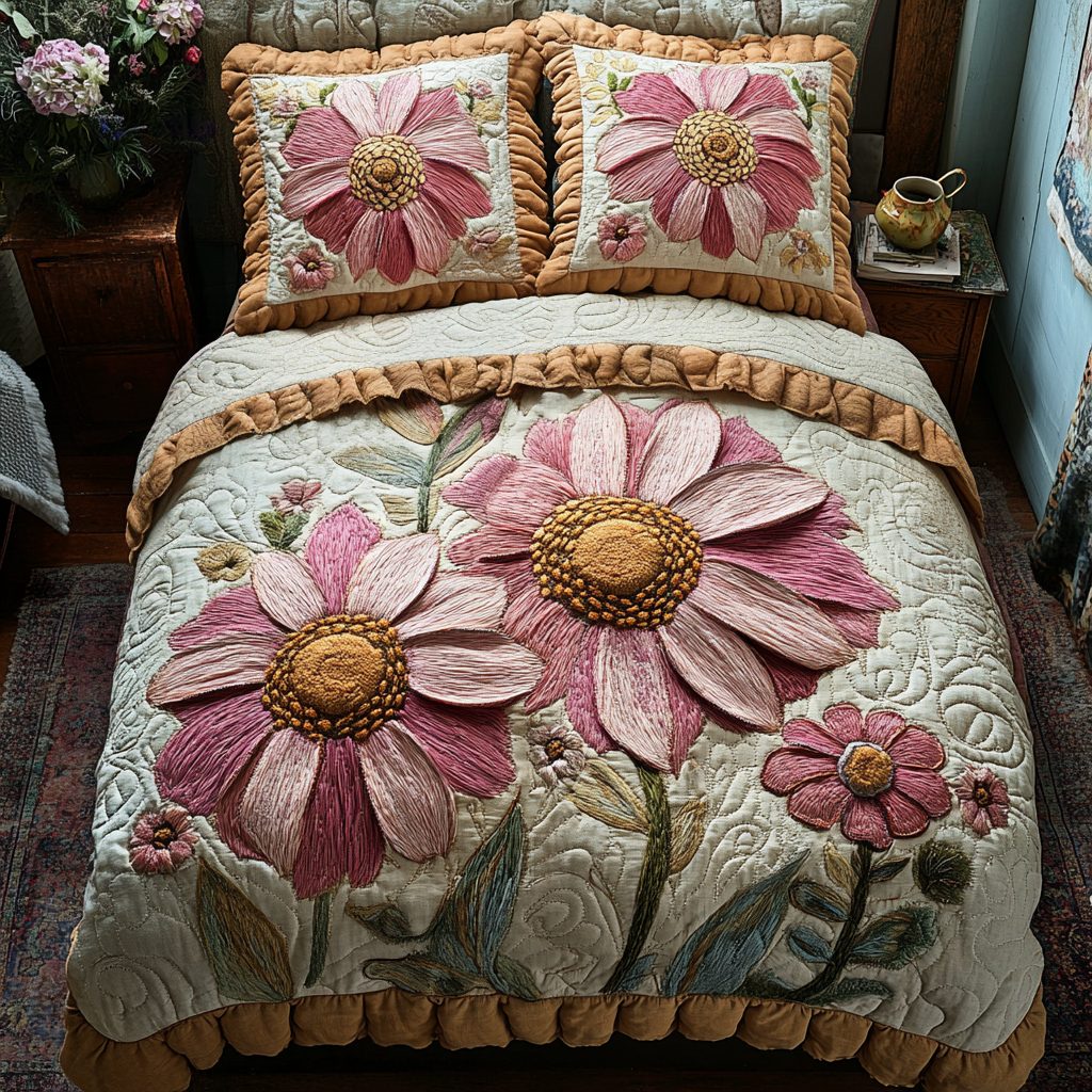 Blossom Beauty quilted 3-piece bedding set on a made bed with two matching pillow shams