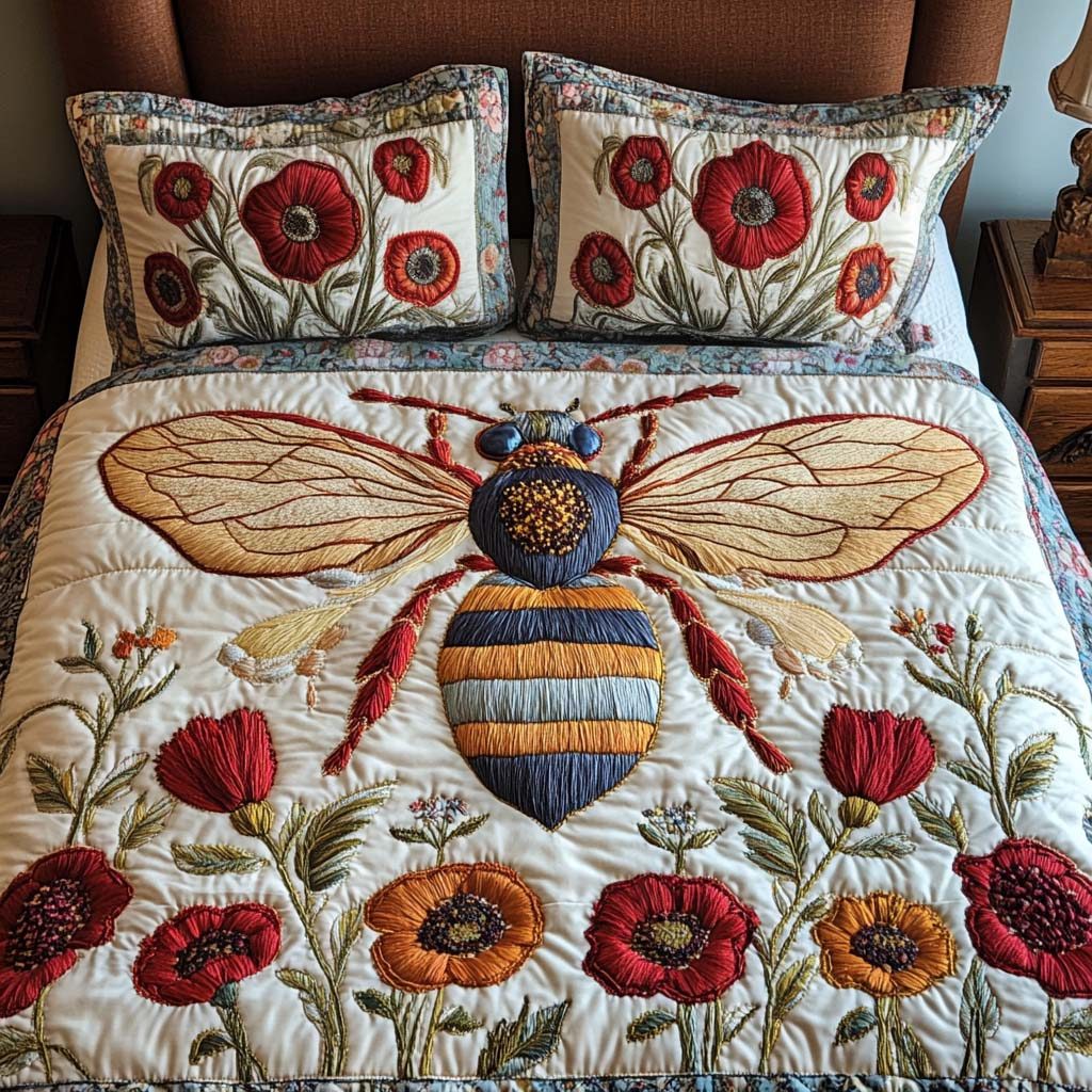 Blossom Bee quilted 3-piece bedding set on a made bed with two matching pillow shams