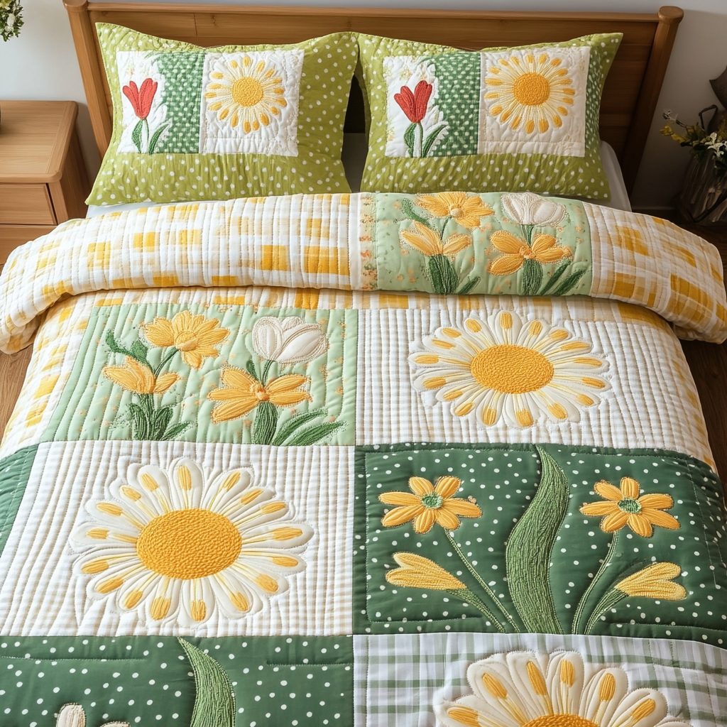 Blossom Bliss quilted 3-piece bedding set on a made bed with two matching pillow shams