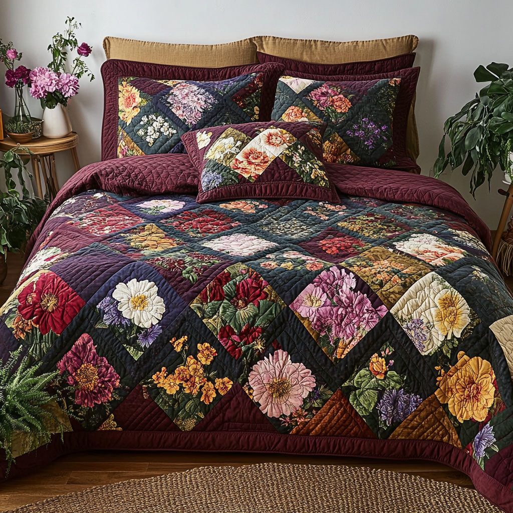 Blossom Bliss quilted 3-piece bedding set on a made bed with two matching pillow shams