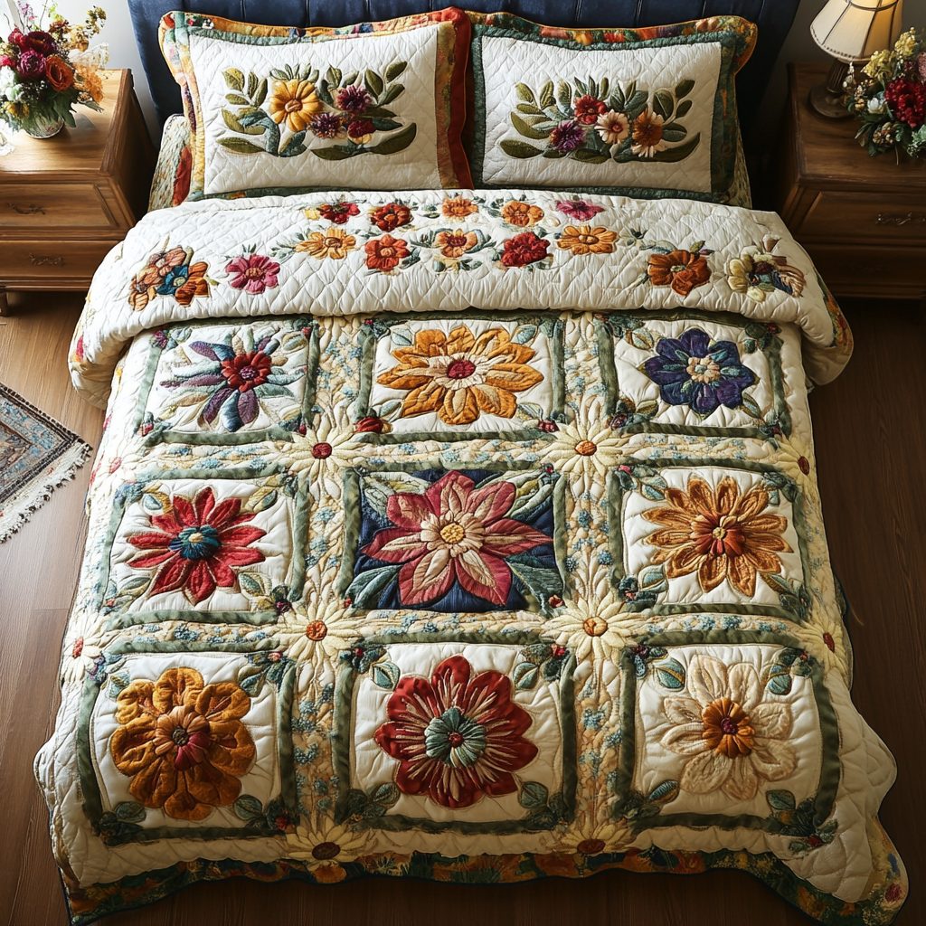 Blossom Bliss quilted 3-piece bedding set on a made bed with two matching pillow shams