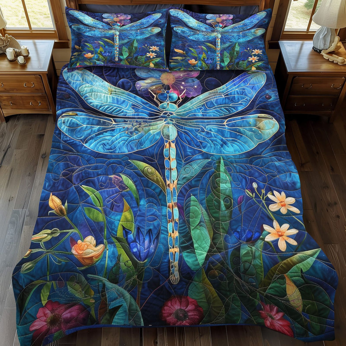 Blossom Breeze quilted 3-piece bedding set on a made bed with two matching pillow shams