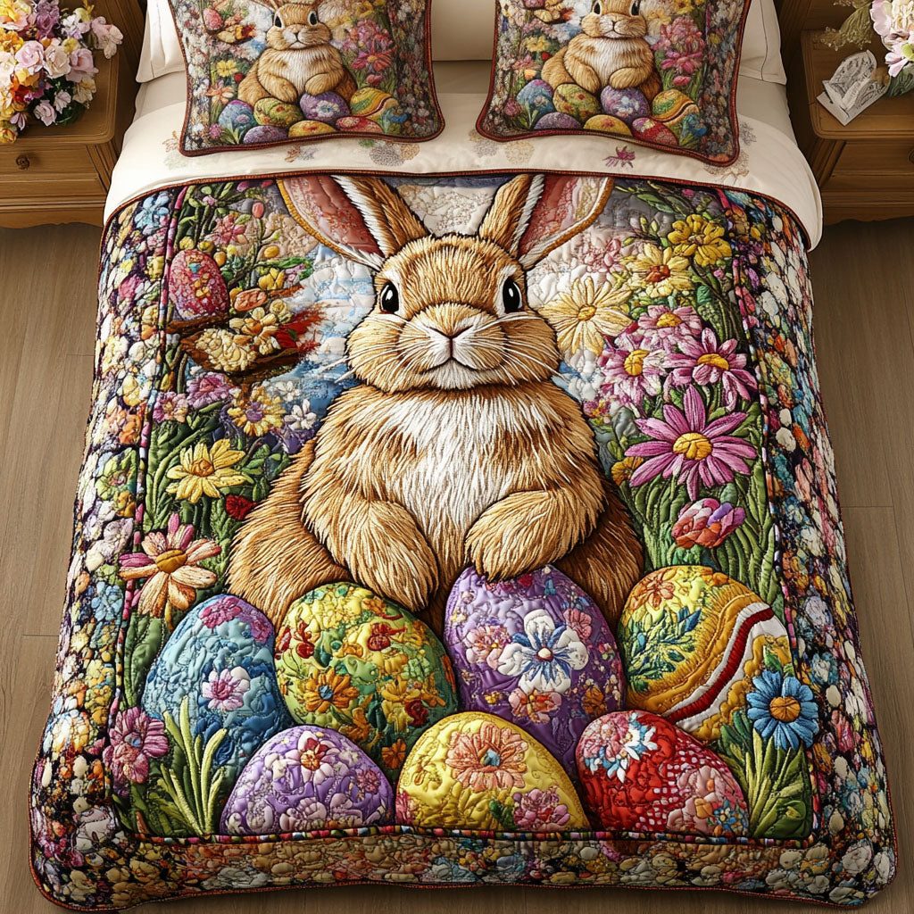 Blossom Bunny quilted 3-piece bedding set on a made bed with two matching pillow shams