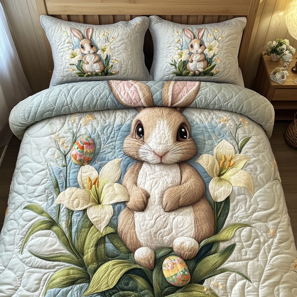 Blossom Bunny quilted 3-piece bedding set on a made bed with two matching pillow shams