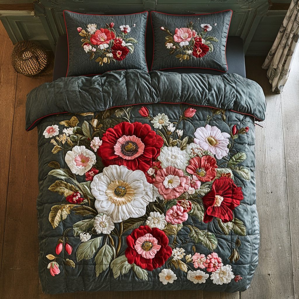 Blossom Charm quilted 3-piece bedding set on a made bed with two matching pillow shams