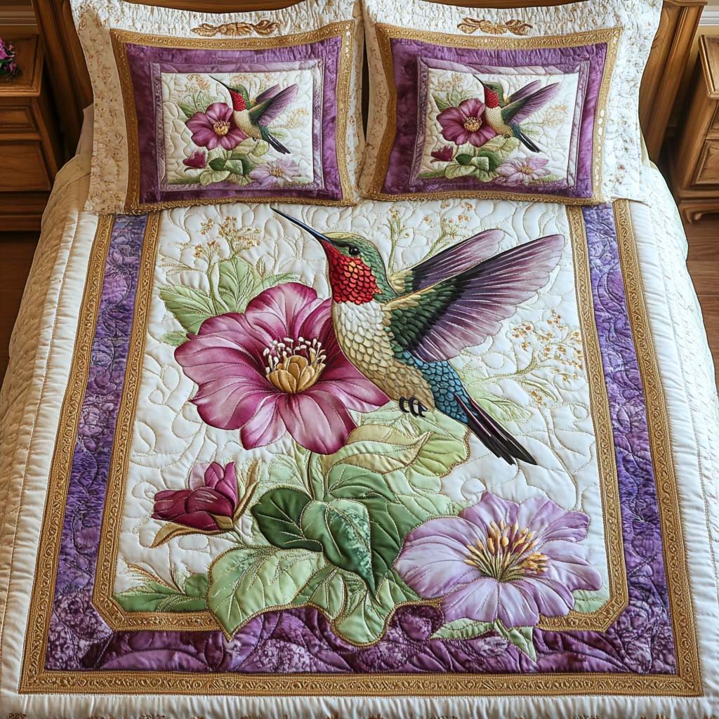 Blossom Dance quilted 3-piece bedding set on a made bed with two matching pillow shams