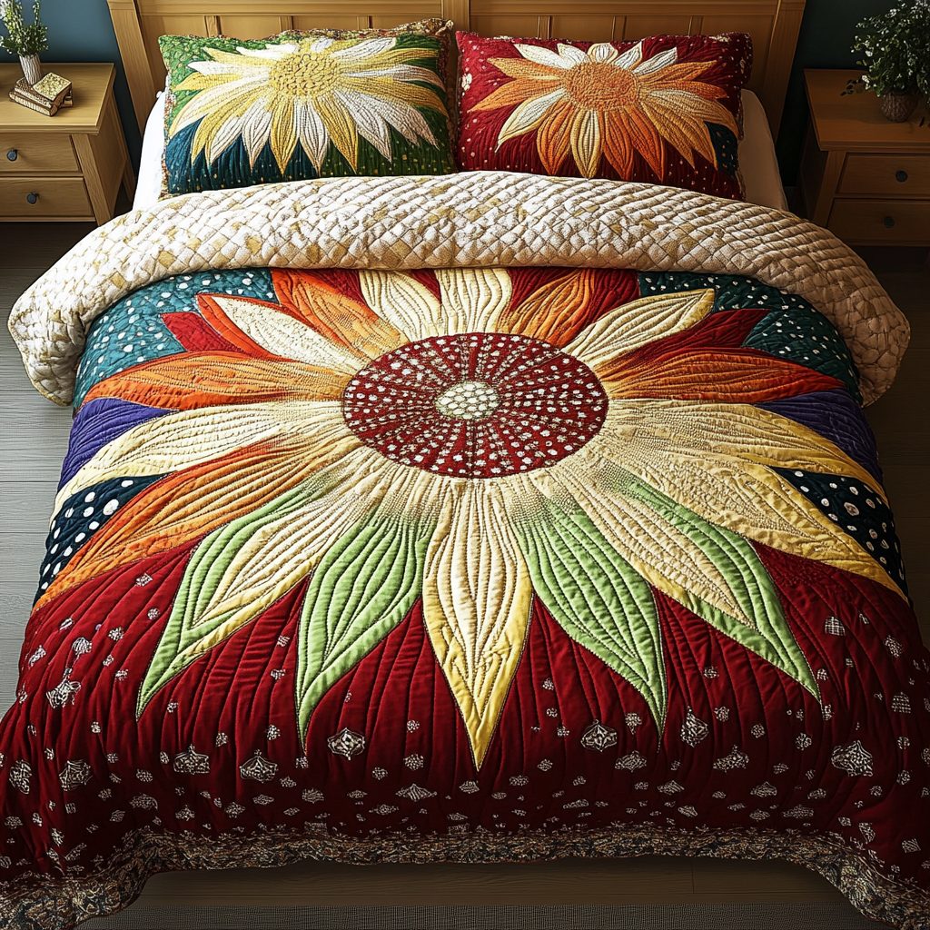 Blossom Elegance quilted 3-piece bedding set on a made bed with two matching pillow shams