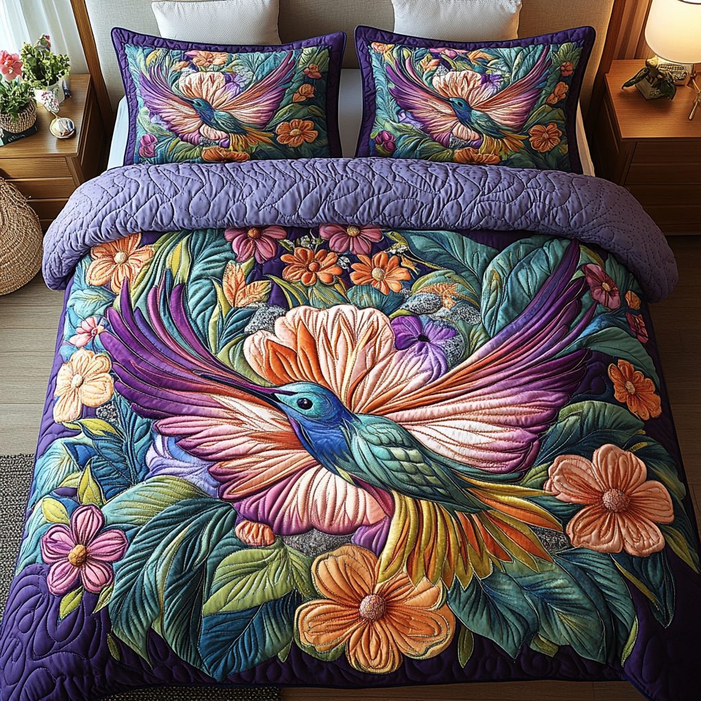 Blossom Flight quilted 3-piece bedding set on a made bed with two matching pillow shams