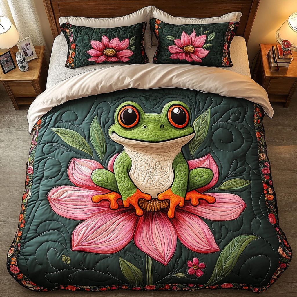 Blossom Frog Serenity quilted 3-piece bedding set on a made bed with two matching pillow shams