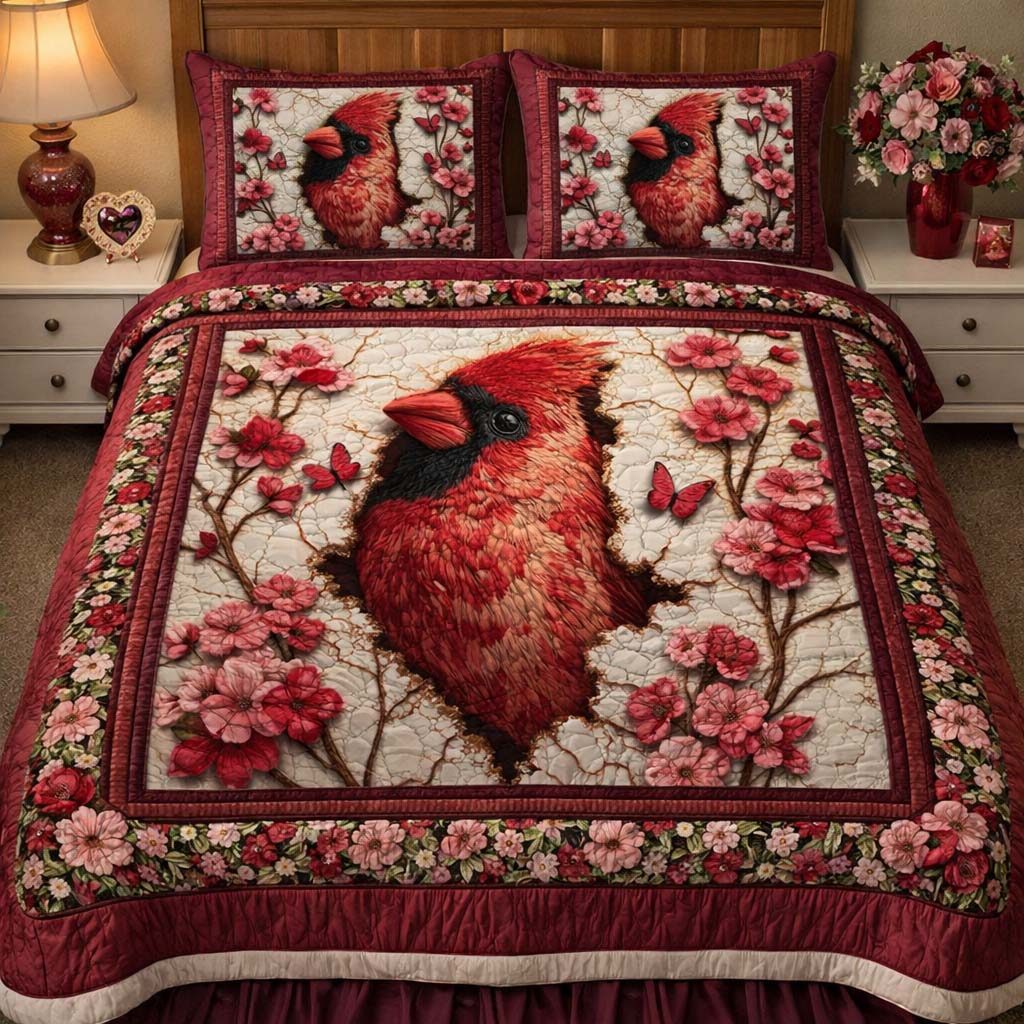Blossom Heart Cardinal quilted 3-piece bedding set on a made bed with two matching pillow shams