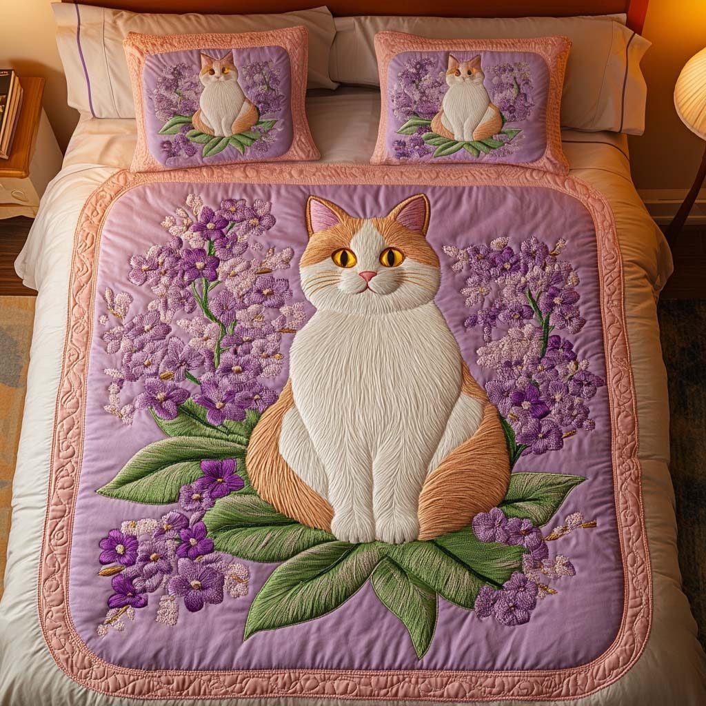 Blossom Kitty quilted 3-piece bedding set on a made bed with two matching pillow shams