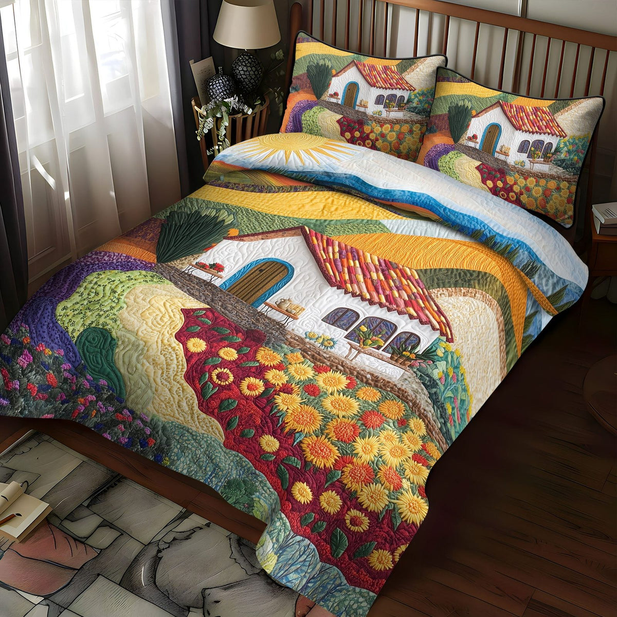 Blossom Lane quilted 3-piece bedding set on a made bed with two matching pillow shams
