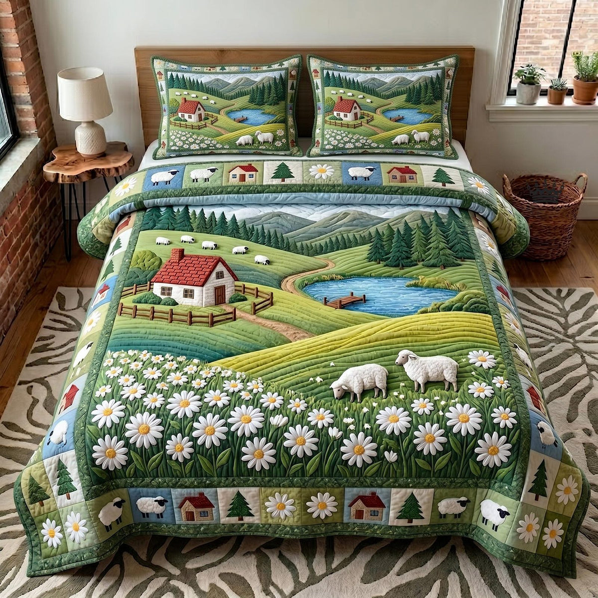 Blossom Meadow quilted 3-piece bedding set on a made bed with two matching pillow shams
