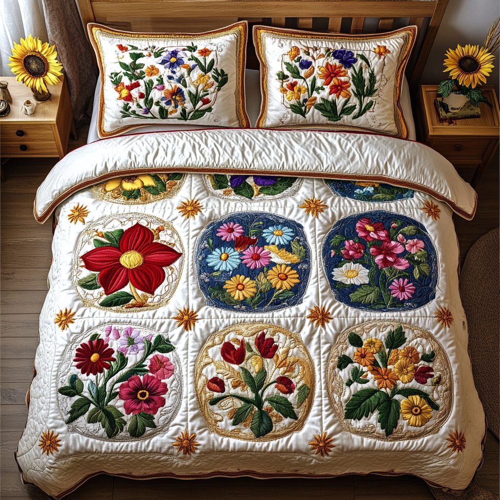 Blossom Meadow quilted 3-piece bedding set on a made bed with two matching pillow shams