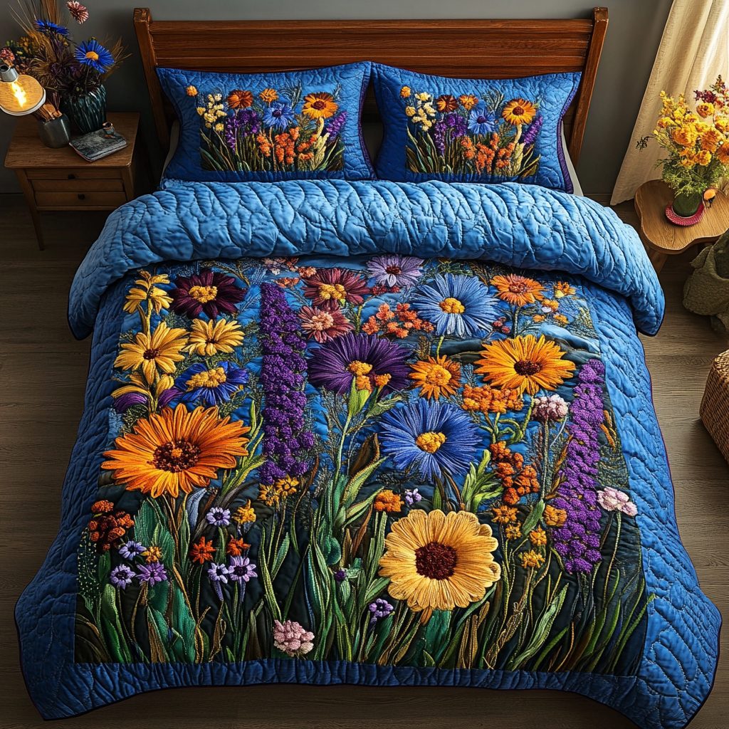 Blossom Nest quilted 3-piece bedding set on a made bed with two matching pillow shams