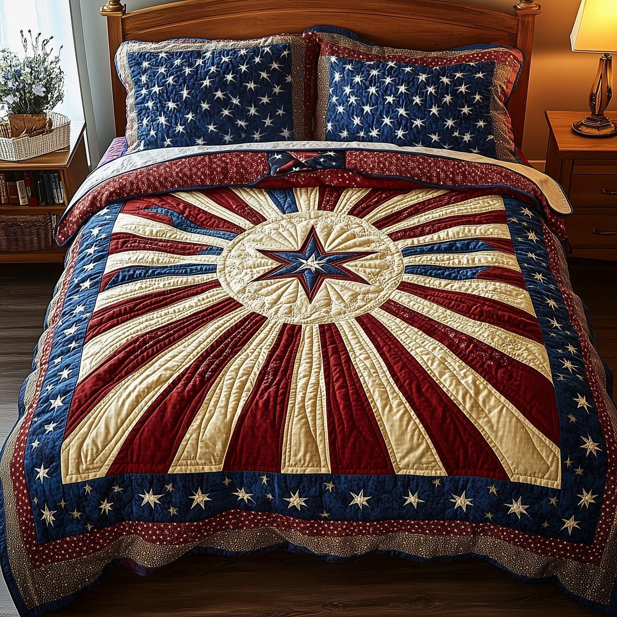 Blossom of Unity quilted 3-piece bedding set on a made bed with two matching pillow shams