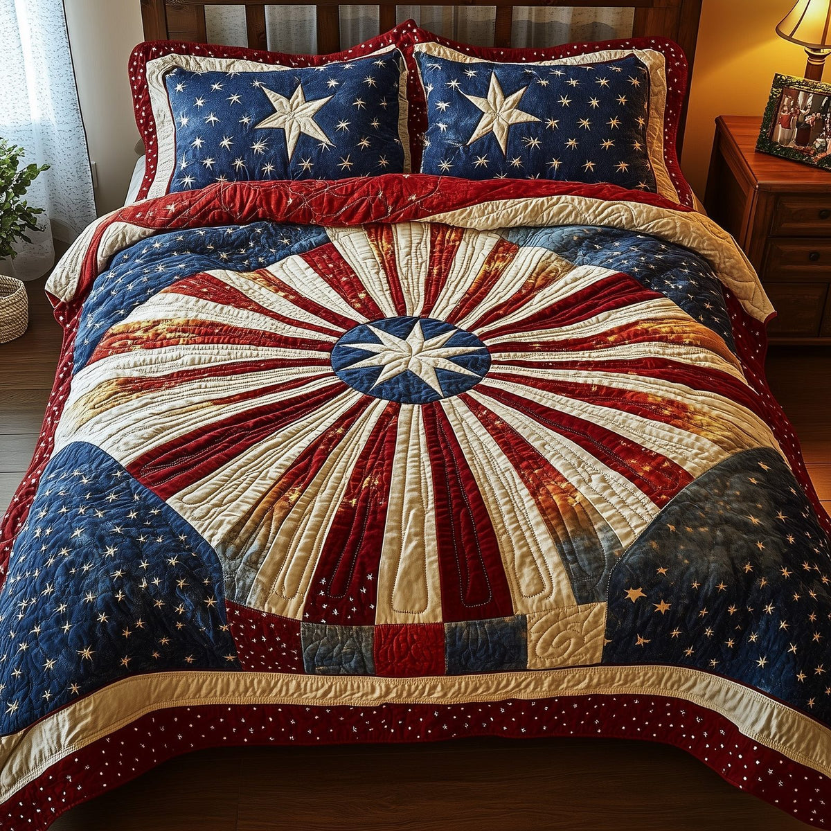 Blossom of Unity quilted 3-piece bedding set on a made bed with two matching pillow shams