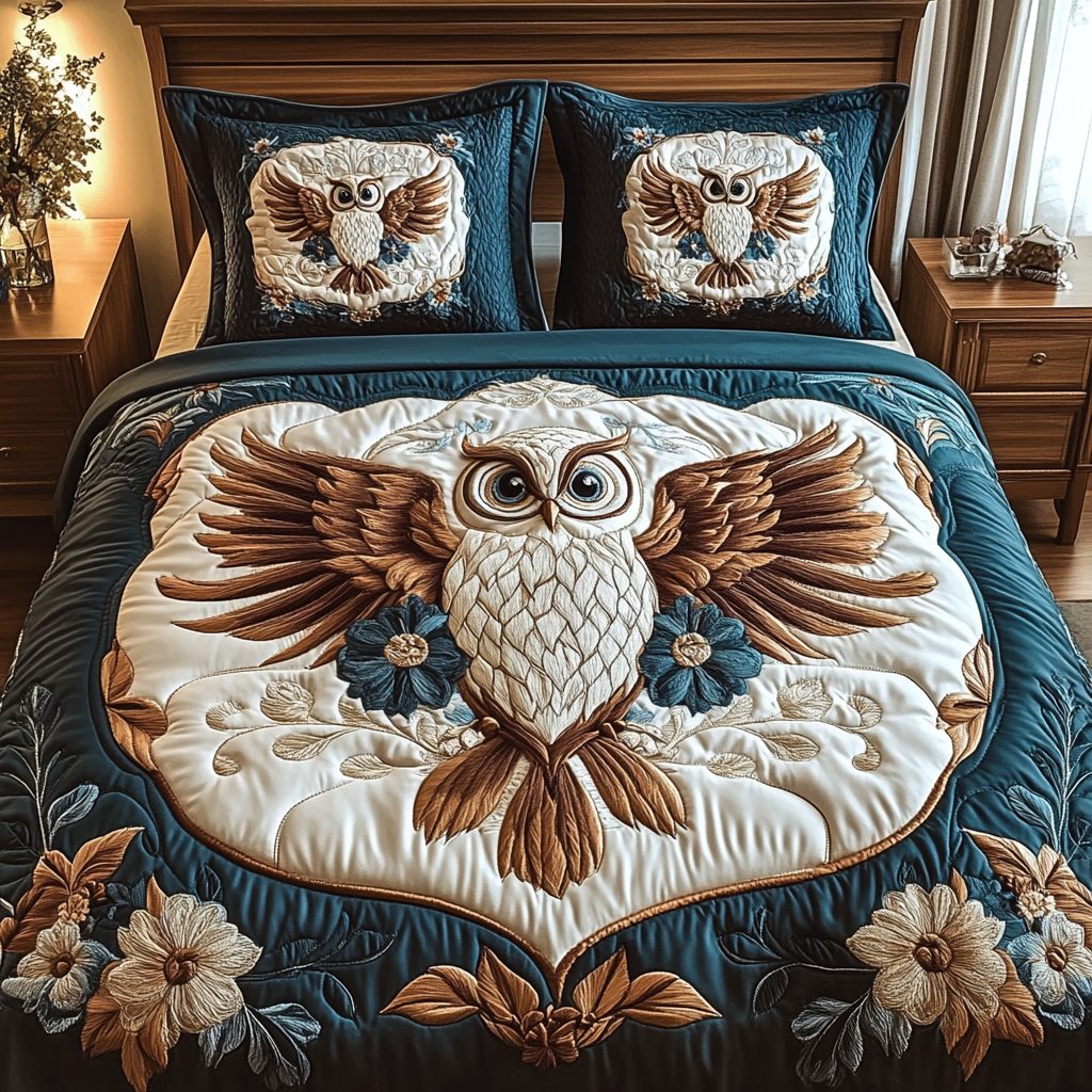 Blossom Owl quilted 3-piece bedding set on a made bed with two matching pillow shams