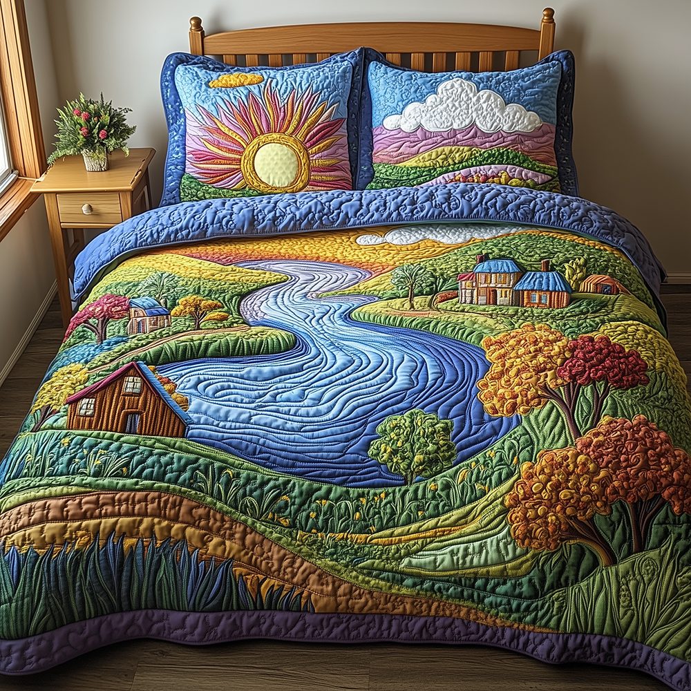 Blossom Paradise quilted 3-piece bedding set on a made bed with two matching pillow shams
