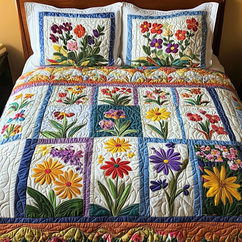 Blossom Patch quilted 3-piece bedding set on a made bed with two matching pillow shams