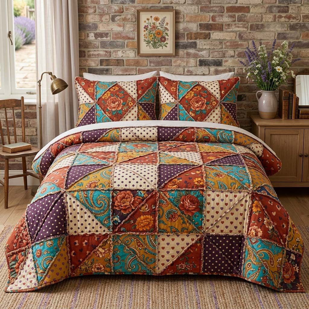 Blossom Patchwork quilted 3-piece bedding set on a made bed in a farmhouse bedroom