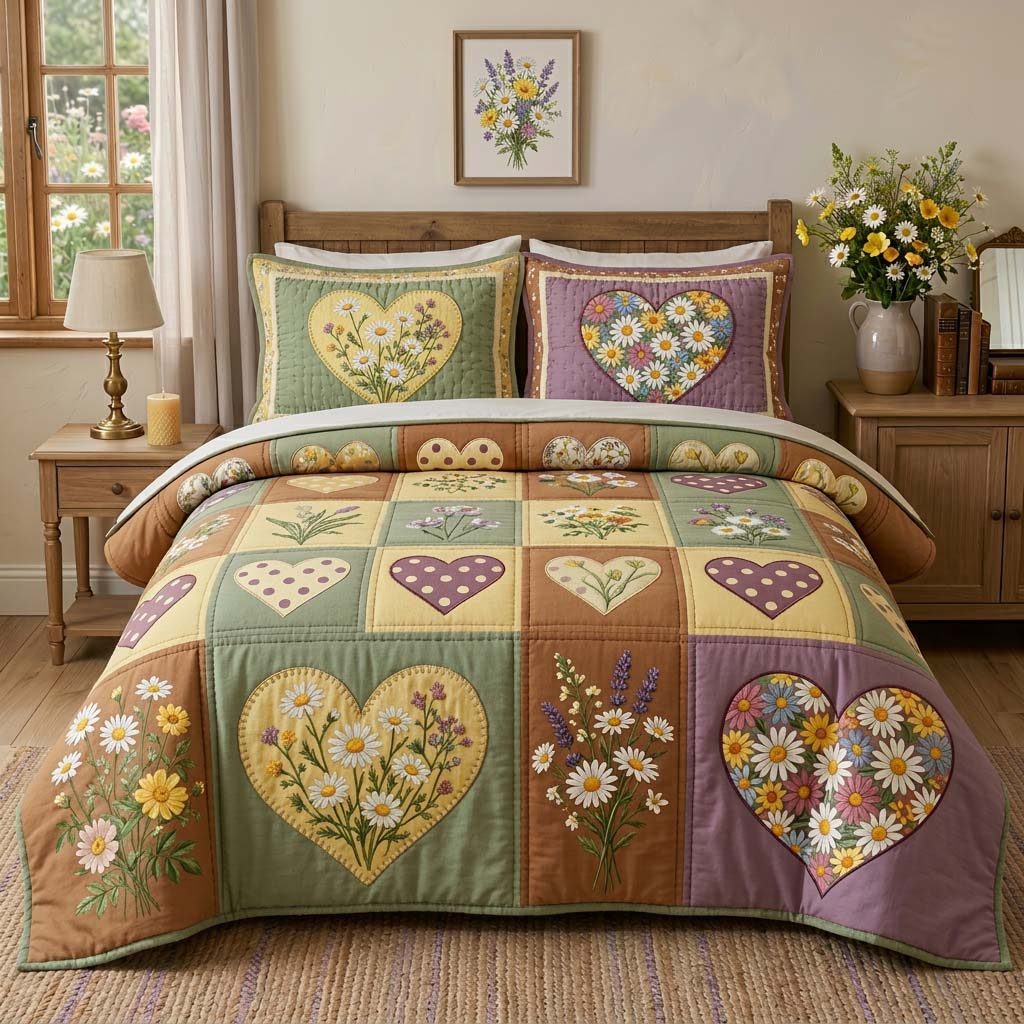 Blossom Patchwork quilted 3-piece bedding set on a made bed in a farmhouse bedroom