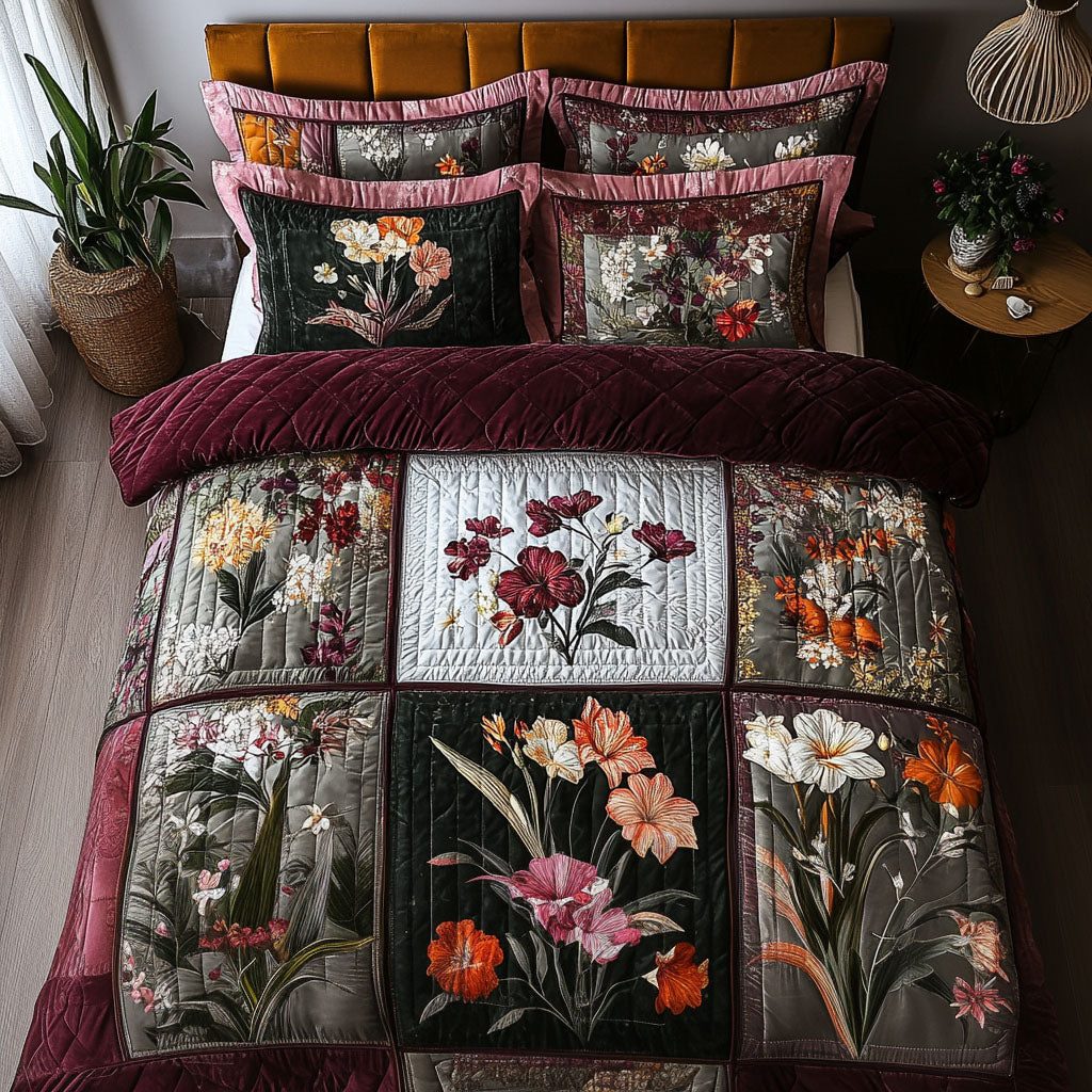 Blossom Patchwork quilted 3-piece bedding set on a made bed in a farmhouse bedroom