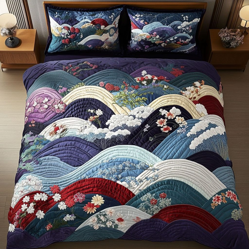 Blossom Petals quilted 3-piece bedding set on a made bed with two matching pillow shams