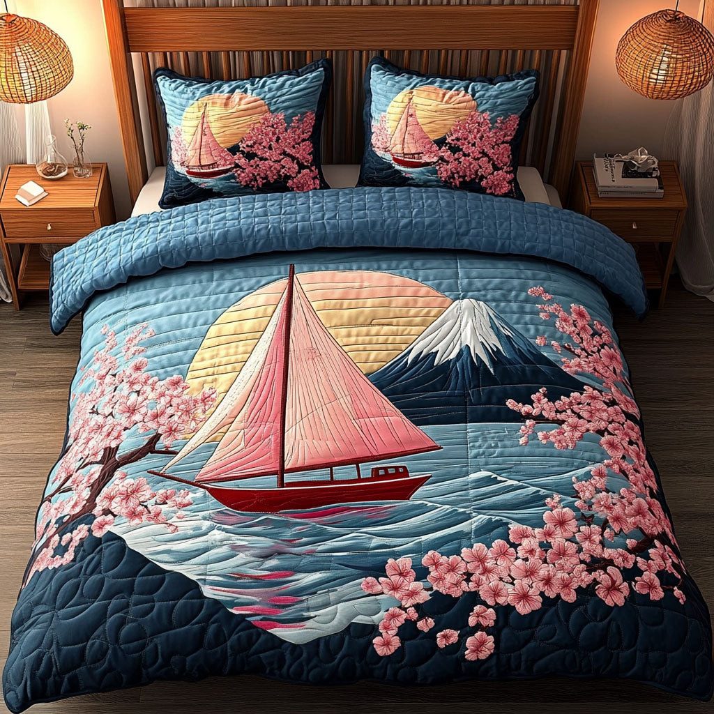 Blossom Sail quilted 3-piece bedding set on a made bed in a light coastal bedroom
