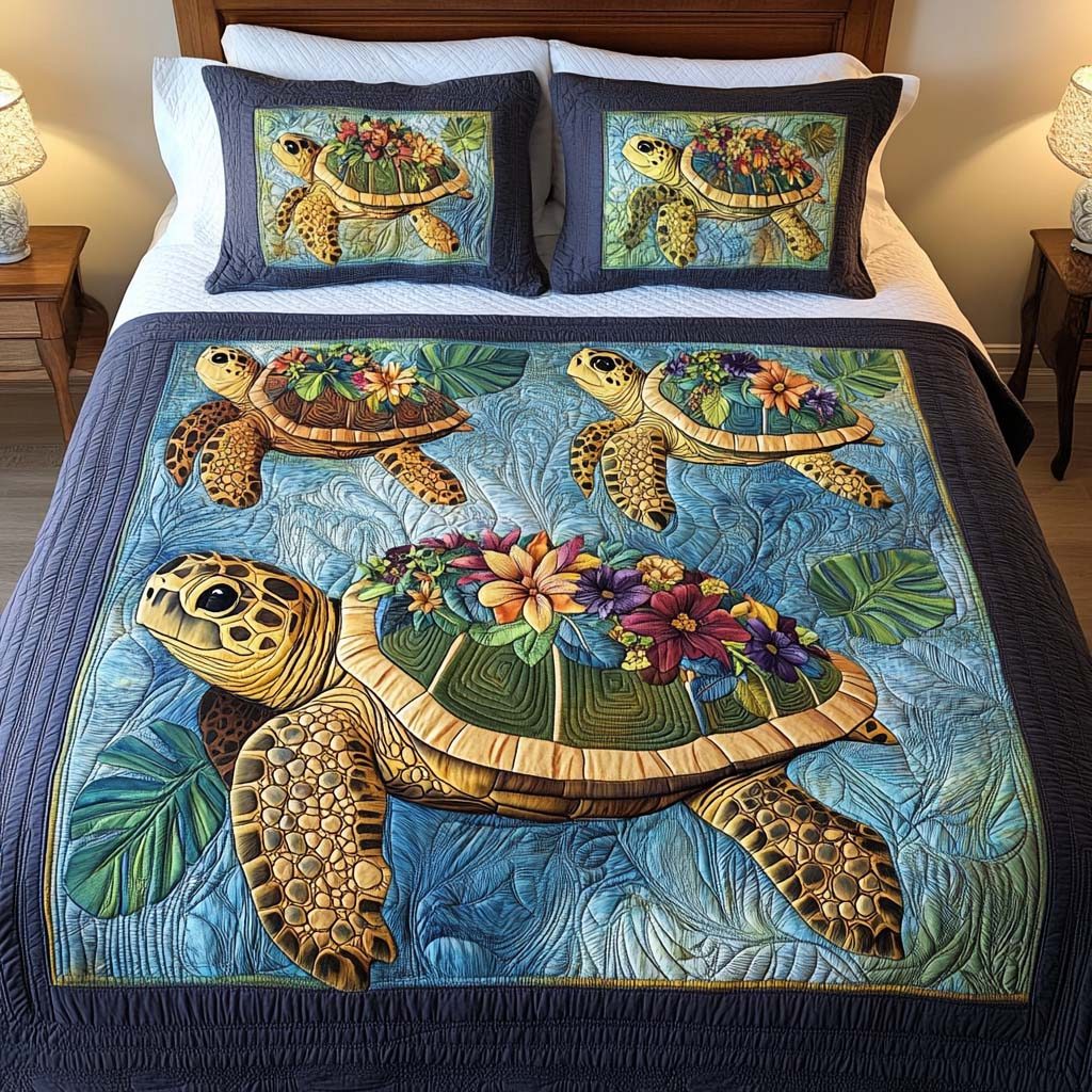 Blossom Shells quilted 3-piece bedding set on a made bed in a light coastal bedroom