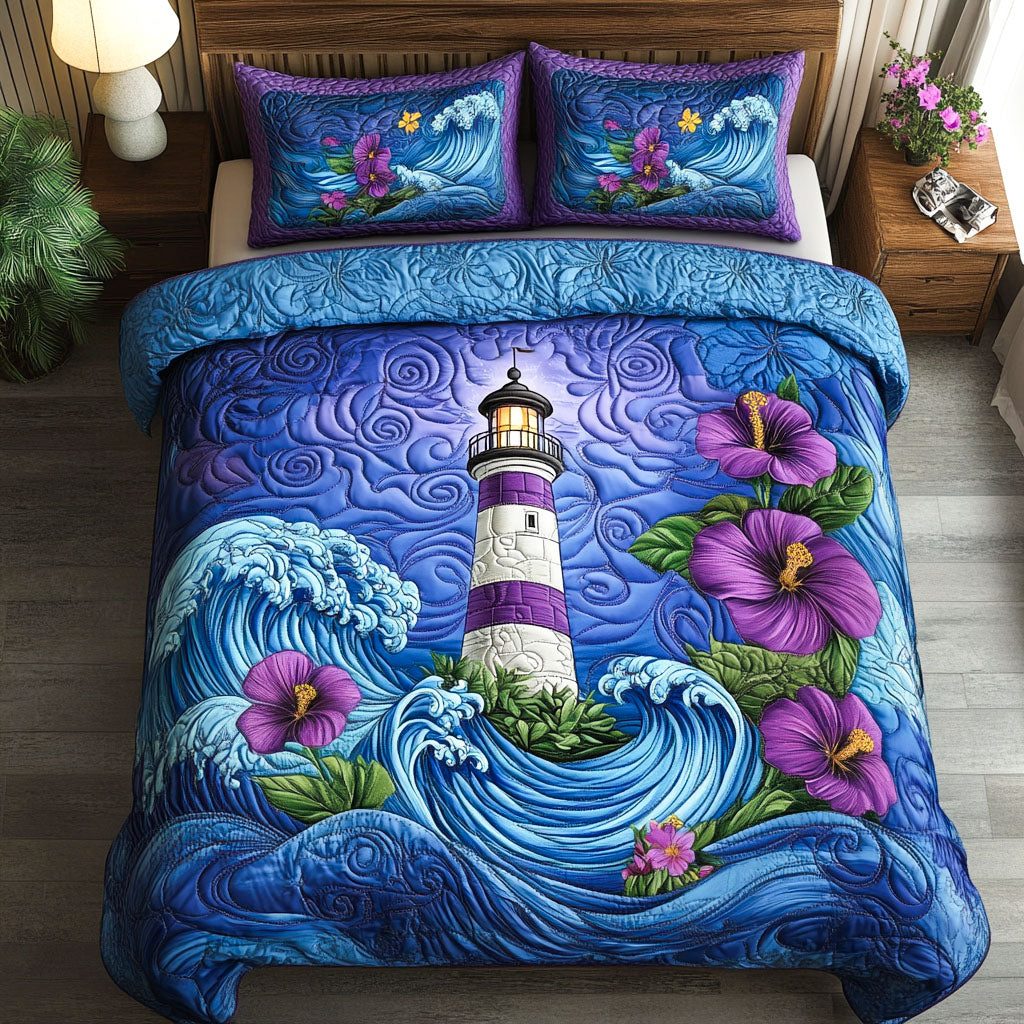 Blossom Shore quilted 3-piece bedding set on a made bed in a light coastal bedroom