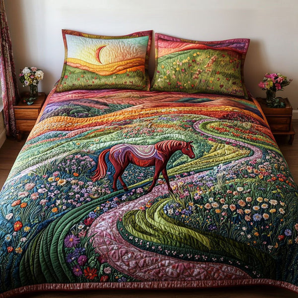 Blossom Trail Horse quilted 3-piece bedding set on a made bed in a rustic timber bedroom