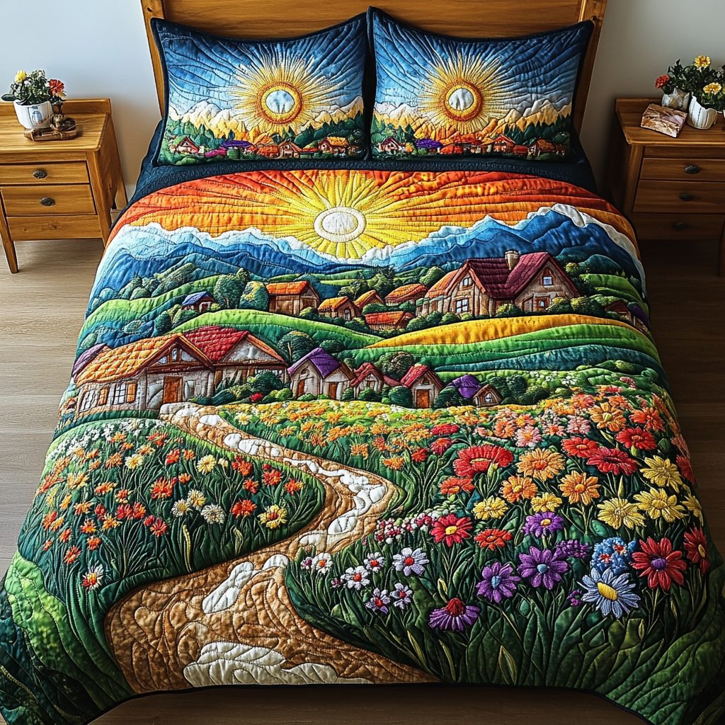 Blossom Valley quilted 3-piece bedding set on a made bed with two matching pillow shams