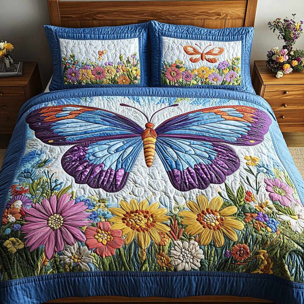 Blossom Wings quilted 3-piece bedding set on a made bed with two matching pillow shams