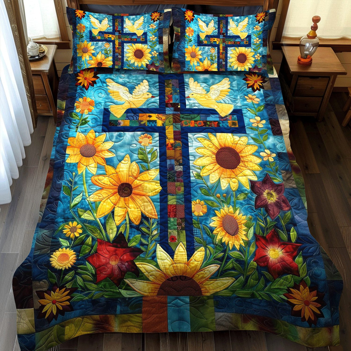 Blossoming Faith quilted 3-piece bedding set on a made bed in a softly lit bedroom